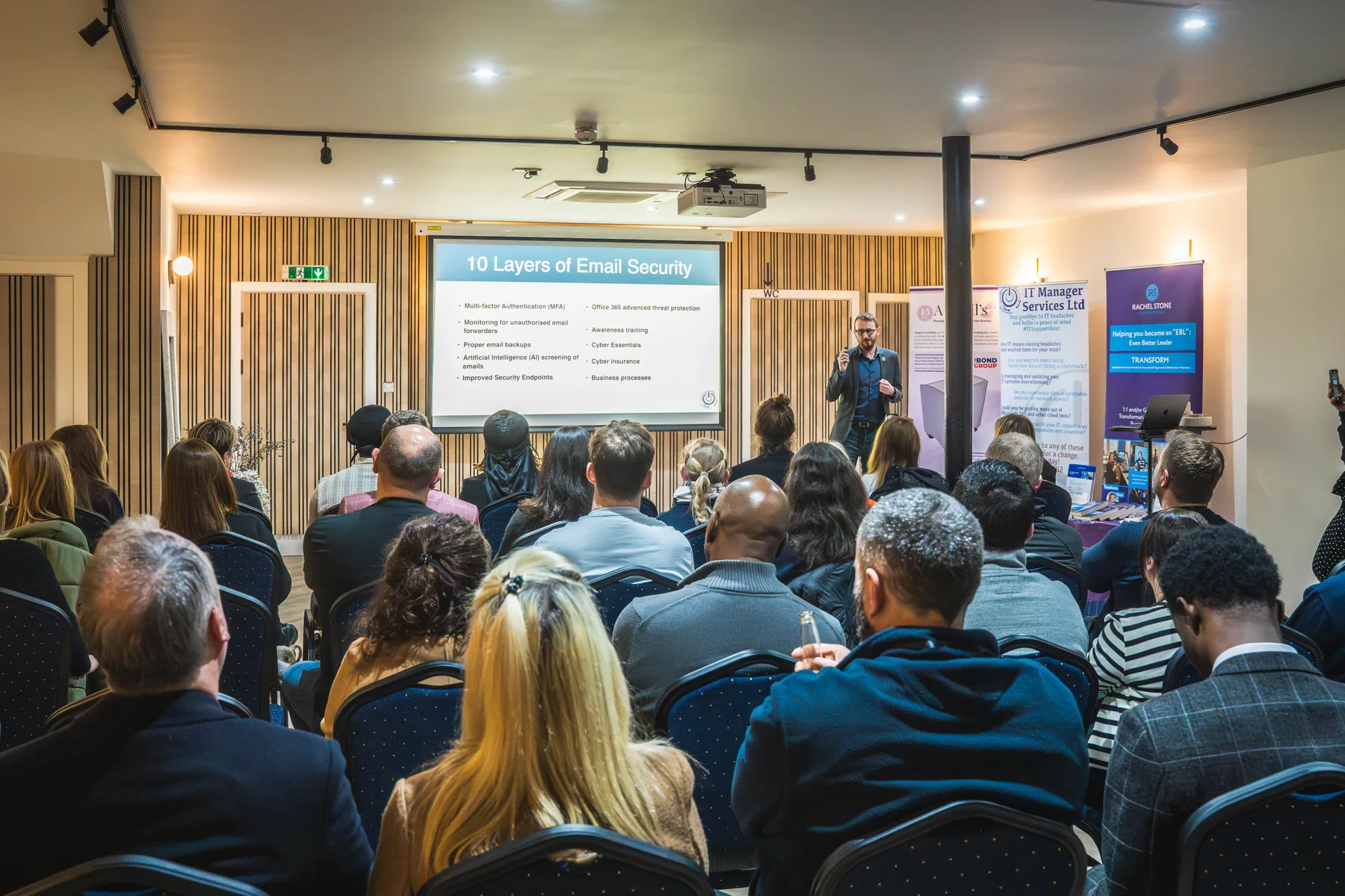 Tom presenting 10 Layers of Email Security to a live audience